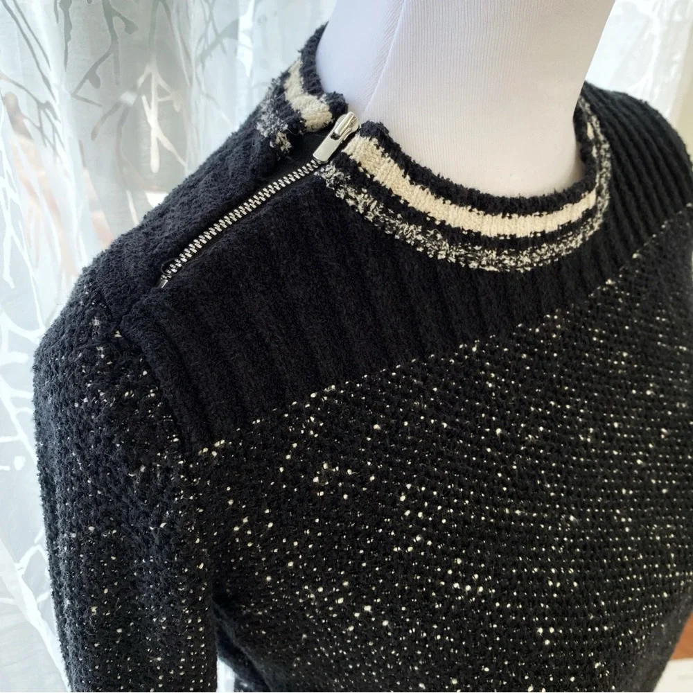 MAJE FIERE black knit white stripe trim crewneck zipper shoulder detail sweater - Picture 2 of 12